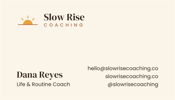 Front of a cream business card for a life and routine coach, with a rising sun logo and warm brown and orange type