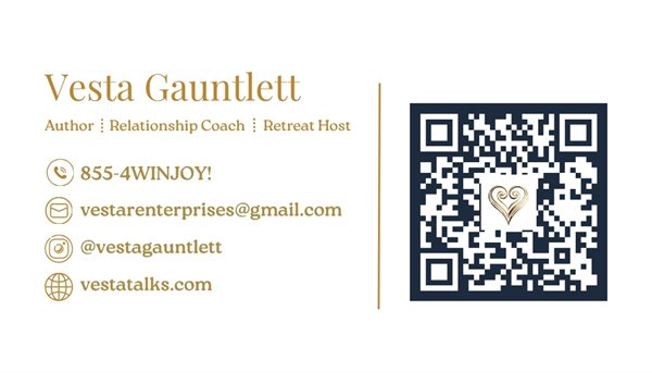 Back of the coach's business card with gold contact details and a navy QR code
