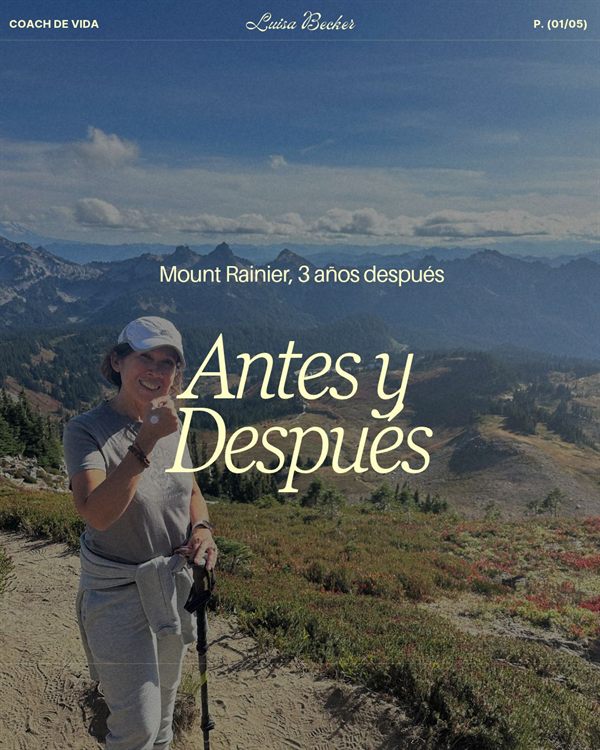 Before-and-after carousel cover for a life coach, with a smiling hiker on a mountain trail and an elegant italic headline