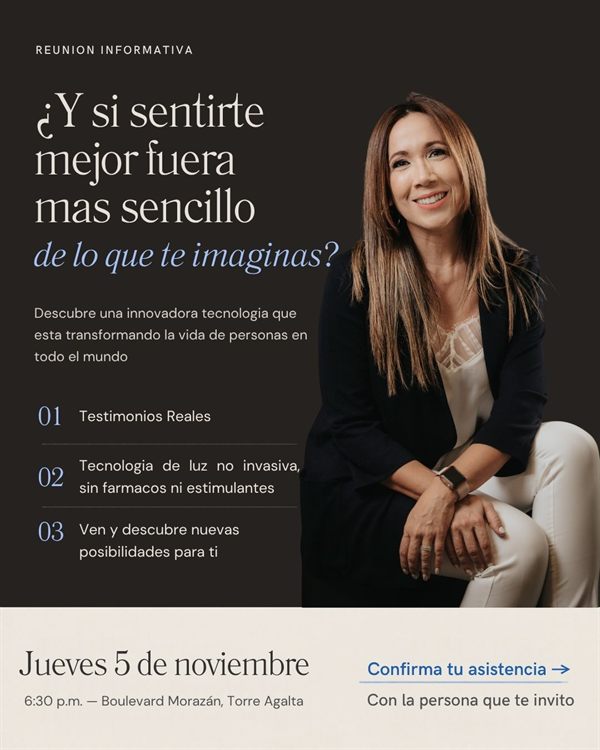 Event invitation post for an informational meeting, with a smiling woman on a dark background and elegant serif headline