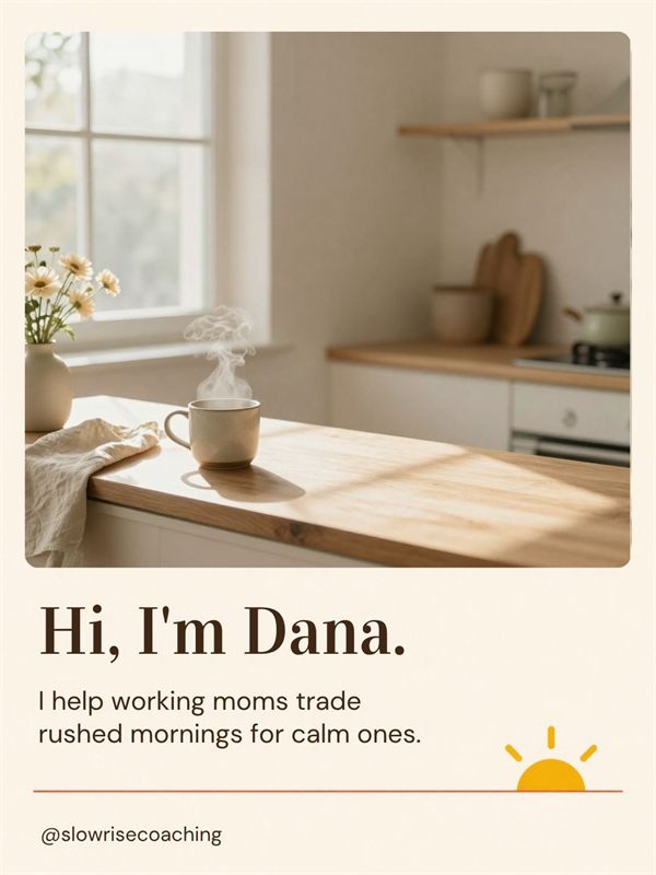 Cream intro post for a life coach, with a sunlit kitchen photo, a coffee cup and the headline Hi, I'm Dana